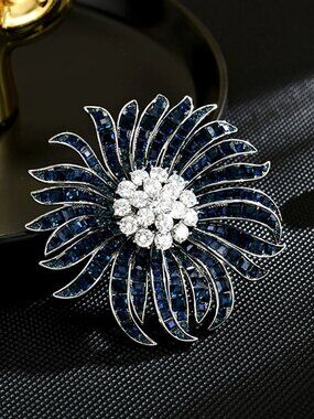 Silver Tone Blue Baguette Crystal Chrysanthemum Flower Brooch